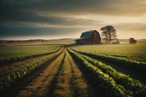 A corn field and red barn in the background during sunrise. 